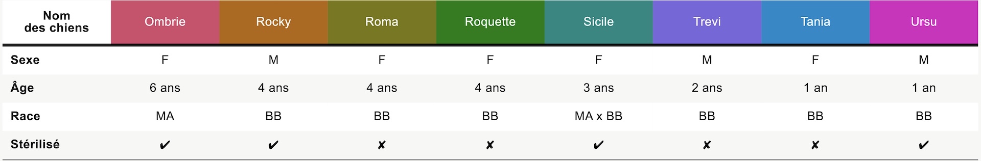 Légende : MA / Berger de la Maremme et des Abruzzes ; BB / Berger roumain de Bucovine